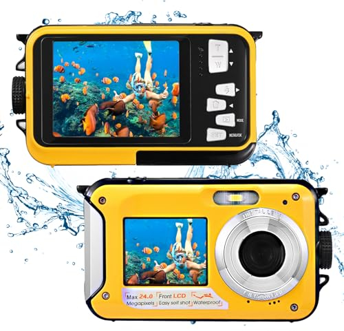Appareil Photo Numérique Etanche Full HD 2.7K 48MP Double Ecran Anti-Vibrations, Selfie Double Ecran 16x Zoom pour Natation et Vacances (Jaune)