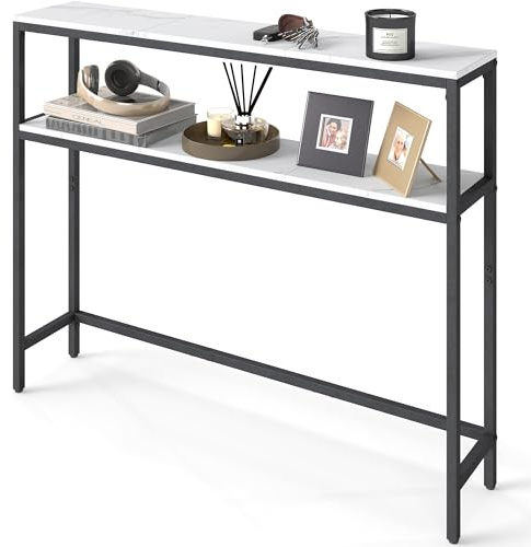 VASAGLE Console Table, 2-Tier Slim Sofa Table, 20 x 100 x 80 cm, Hallway Table with 2 Shelves, for Living Room, Entryway, Marble White and Ink Black LNT131W59V1