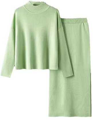 YTR6TW 2-teiliges Strickset für Damen, warmer Rollkragenpullover + langer, gerader Midi-Rock, zweiteiliges Set, EN8, 38