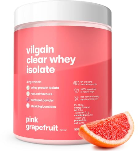 Vilgain Clear Whey Isolate Molkenproteinisolat 500g Pulver Pink Grapefruit | 86% Eiweiß, BCAAs & Leucin, Stevia-Süße, ohne Sucralose, Bio-Rote-Bete, herber Grapefruit-Geschmack, fettarm, zuckerarm