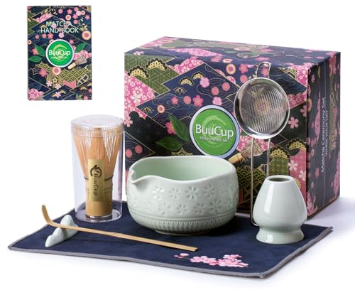 Buucup Matcha Whisk Set, Ceramic Matcha Kit with Bowl & Bamboo Whisk | 7-piece set with ceramic bowl, bamboo whisk, scoop, holder, sifter and tea towel. Ideal for beginners, daily matcha and gift