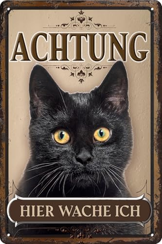 LUCKYLINDE – Wetterfestes Katzen Blechschild auch für den Außenbereich, Türschild, Hinweisschild, Warnschild: Achtung hier wache ich! - 20 x 30 cm (Bombay)