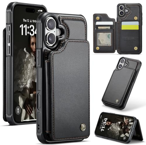 FONREST för iPhone 16 smalt bakre plånboksfodral med RFID-blockerande korthållare flip-panel/stativ, stötsäker TPU + PU-läder baksida skyddande fodral med magnetiska spännen (svart)