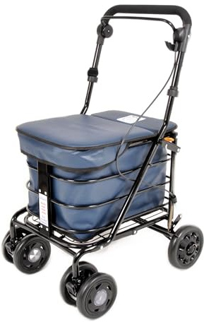 Carro de la compra con asiento, carrito de movilidad sentado, cochecito, rodador, totalmente montado, plegable, con freno de mano, 6 ruedas y asiento (azul marino)