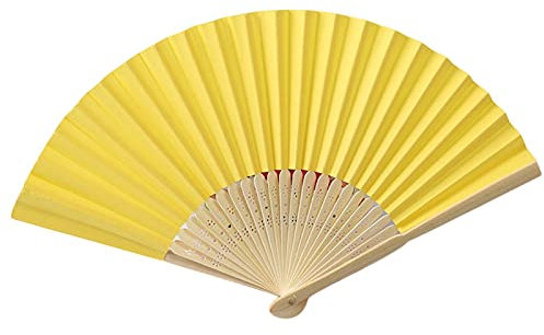 Faltbarer Handfächer aus Papier, Sommermuster, für Tanz, Hochzeit, Party, Spitze, Seide, einfarbig, Handfächer (Farbe: Gelb)