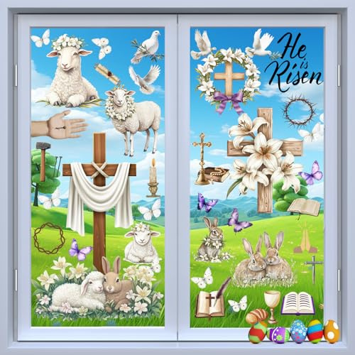 Hianjoo Fensteraufkleber He is Risen, religiöse Oster-Fensteraufkleber mit Kreuz, Hase, Lamm, Lilie, Blume, doppelseitige Oster-Fensteraufkleber, Dekorationen für Zuhause, Glasfenster, Dekoration