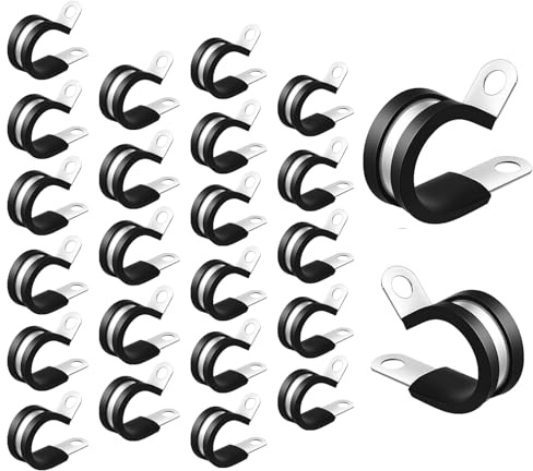 24 Piece P Clips Hose Pipe Clamps, 8mm 12mm Stainless Steel Rubber Lined for Conduit, Metal Wire, Cable Clamps for Cables, Cords, Wires, Hoses, and Tubes