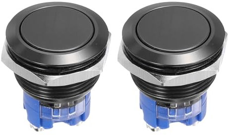 DMiotech 19mm / 3/4 Push Button Switch, IP66 1NO 0-250V 5A Latching Push Button Starter Light Switch Self-locking, Aluminum Alloy Flat Head Black 2 Pcs