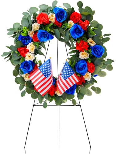 Crowye 2pcs Memorial Day 4th of July Grave Wreaths with Stand Set 23. 62in Cemetery Wreaths 30in Easel Patriotic Gravestone Headstone Independence Day Decor(USA Flag Style)