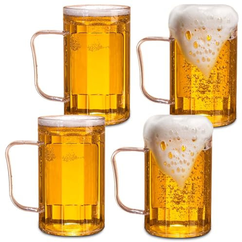 GOMETY Juego de 4 vasos de cerveza, vasos de cerveza de 500 ml con asa, jarras de cerveza duraderas de 0,5 litros, vasos de cerveza reutilizables, vasos de plástico reutilizables, vasos de agua