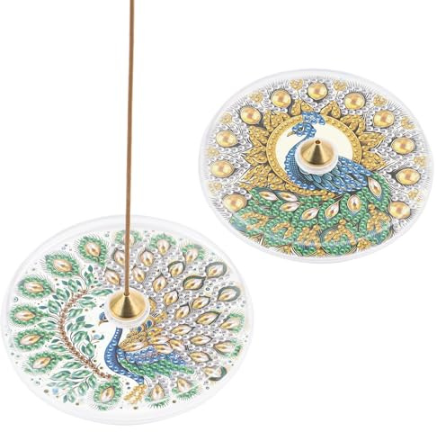 DCIDBEI Lot de 2 Painting diamant Adulte Porte-encens Paon Brûleur d'encens pour Bougie Chauffe Plat ou Charbon Support Encensoir Bâtons d'encens Support Palo Santo, cônes d'encens Paon