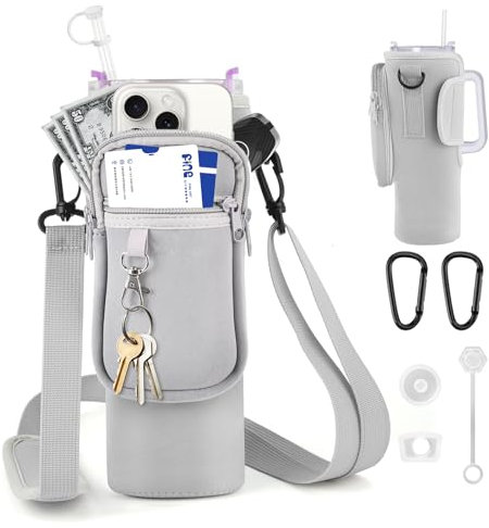 WuGU Bolsa de Transporte para Stanley Cup 40oz, Accesorios para Stanley Cup, Bolsa para Stanley Cup | Stanley Quencher Accesorios, con Bolsillo para teléfono móvil, Tapas de Pajita de Silicona (Gris)