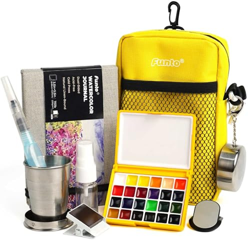 Funto Mini Watercolor Paint Set, Kit de peinture acrylique tout-en-un de voyage premium avec 24 couleurs, avec sac à bandoulière, carnet de croquis à l'aquarelle, idéal pour les amateurs d'art