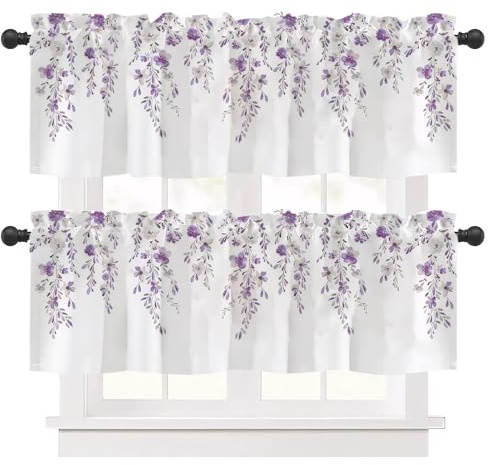 2er-Set kurze Vorhänge mit Blumenmuster Dekoration für kleine Fenster, Lila | Küchen-Paneelvorhänge im Café-Bistro-Stil Lichtdurchlässige Vorhangblenden