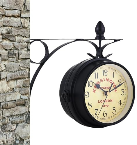 Alloggiamento di ferro tra vintage a parete, orologio da esterno impermeabile | Design a doppio lato, quadrante antico in stile, costruzione resistente alle intemperie, look da stazione classi