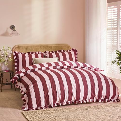 Wylder Birdie Stripe Juego De Funda Nórdica – Reversible con Volantes Algodón Rico A Rayas Ropa De Cama (Burdeos/Flor - 200x200cm)