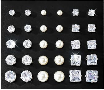 KISS WIFE Silver Stud Earrings Set for Women, Round Square Triangle Teardrop Shapes Pearl Clear Cubic Zirconia Stones Earring Packs Fashion Jewelry for Daily Wear Party Gift (Round+Pearl+Square)