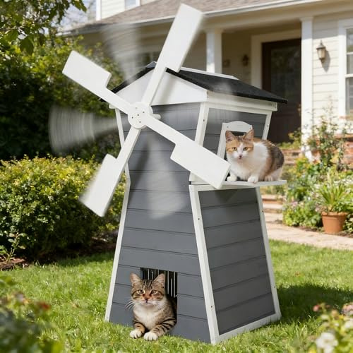 2‑Tier Windmill Outdoor Cat House Weatherproof, 43 H Wooden Feral Cat Shelter with Viewing Platform, Outside Cat Enclosure, Decorative Cat House for Garden Yard