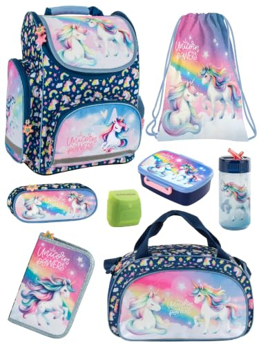 Familando - Schulranzen Set - 8-teilig mit Federmappe - Einhorn Regenbogen - Ergonomisch, stabil & mit gepolstertem Rücken - 1010g leicht - 18L Volumen - Mit Reflektoren - Für Grundschule ab 1. Klasse