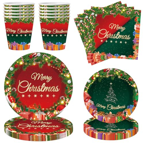 CDLIZW 50PCS Assiette Pour Fête De Noël,Assiettes en Carton de Noël,Vaisselle Décoration De Fête De Noëls,Assiette Noel,Tasses,Serviettes,pour fournitures de Fêtes de Noëls Décorations de Table