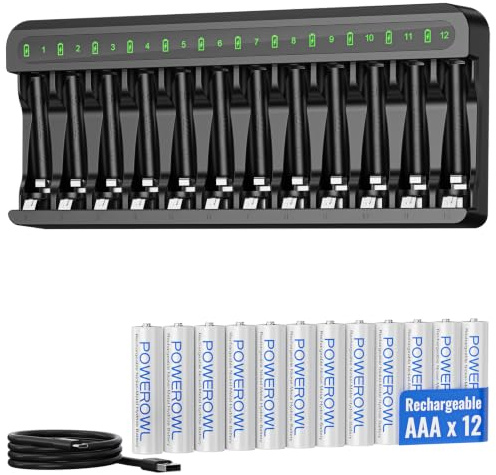 POWEROWL 12 Pcs 1000mAh AAA Rechargeable Batteries with Charger Set | 12 Slot Smart Battery Charger Set, Type C Input 5V 2A Charging for Ni-MH Rechargeable Batteries