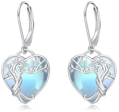 Lebensbaum Ohrringe Sterling Silber Mondstein Hängende Ohrhänger Baum des Lebens Schmuck Geschenk für Damen Frauen Mutter