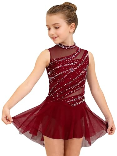 XUNZOO Fille Robe De Ballet Patinage Artistique pour Enfant Costume Robe De Danse Lyrique Latin Jazz Cours Gymnastique Bourgogne 9-10 Ans