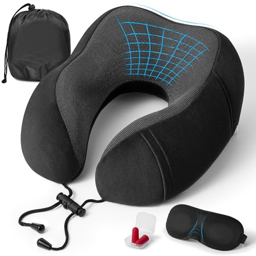 Nackenkissen Flugzeug, Reisekissen Memory Foam, Nackenhörnchen Erwachsene U-förmiges mit Seitentasche, Travel Pillow mit Schlafmaske, Ohrstöpsel, Tragetasche, Neck Pillow für Reisen,Flug, Auto, Büro