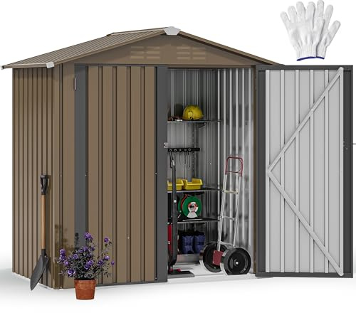 DWVO 6x4 FT Metal Garden Shed, Outdoor Storage Shed with Lockable Door & Sloping Roof, Galvanised Steel Tool Shed for Backyard, Patio, Garden,Weatherproof,Weatherproof, Brown