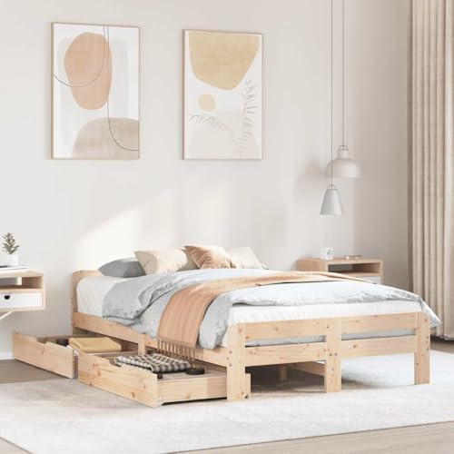 kithwjll Massivholzbett 120x200 cm aus Kiefernholz, Bettgestell mit Lattenrost und 2 Schubladen, Naturholz-Optik für Schlafzimmer
