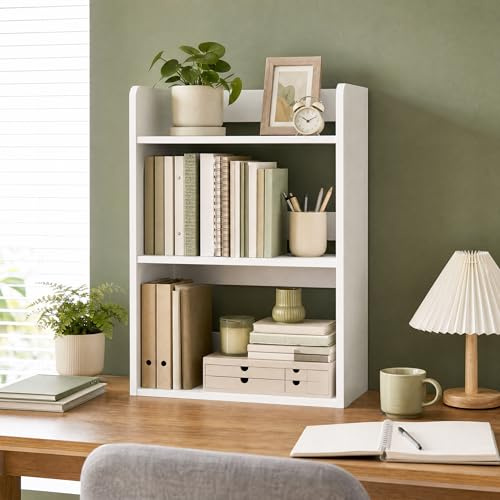 anrekl Holz BüCherregal Klein, Schreibtisch Regalaufsatz, Schreibtischregal, Kleines Regal Stehend für Zuhause, BüRo, Schule, Regal Weiß, 40×20×65cm