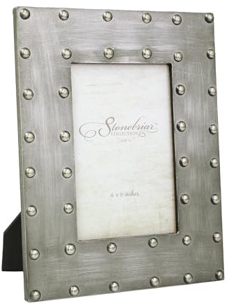 Stonebriar Industrial Distressed Metal Photo Frame with Rivet Detail, Decorative Picture Frame for Table Top or Wall Hanging Display, 4x6, Silver