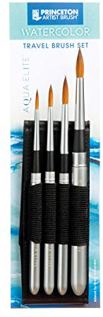 Princeton Aqua Elite Fine Art Aquarellpinsel, synthetischer Kolinsky Zobel, 4-teiliges Reisepinsel-Set, kurzer Griff, ideal für Profis und Studenten, Rund