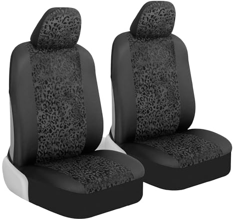 BDK Black Leopard Car Seat Covers for Front Seats, Animal Print Front Seat Cover Set with Matching Headrest, Sideless Design for Easy Installation, Fits Most Car Truck Van and SUV, (Pack of 2)