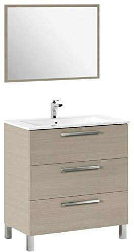 Miroytengo Mueble de Baño Taria Estilo Natural en Color Roble Claro con 3 Cajones, Patas y Espejo 80x86x45 cm (Lavabo Cerámico)