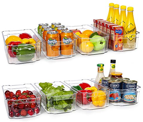 HOOJO Kylskåpsarrangörer och förvaring – 8 st genomskinliga plastfack för kylskåp, frys, köksskåp, skafferi organisation, BPA-fri kylskåpsorganisatör, 32,5 cm lång, klar