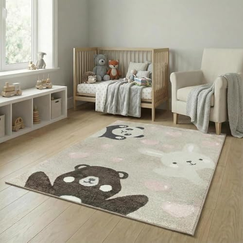 Jimri Teppich Kinderzimmer - Teppiche für Kinderzimmer, Kinderteppich, Kinderteppich Mädchen, Bär, Hase, Panda, Herz, (Beige, Größe: 120x170 cm)