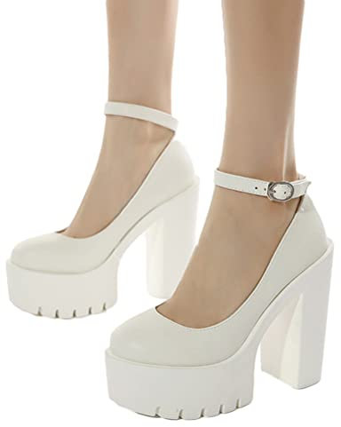 Minetom Damen Plattform Mary Jane High Heels Retro Gothic Pumps Sandalen Damenschuhe Runde Zehen Chunky Lackleder Schuhe A Weiß 37 EU