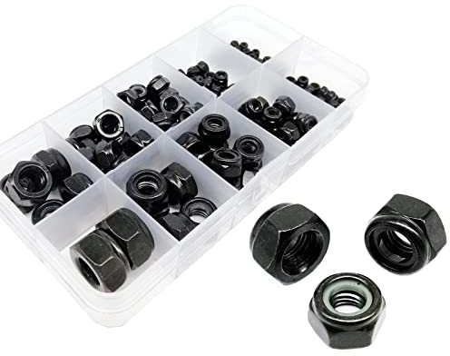 Cfty Sicherungsmutter M2 M2.5 M3 M4 M5 M6 M8 M10 M12 Schwarzer Stahl-Hexagon-Nylon-Einsatz-Sicherungsmutter-Set-Sechskant-Self-Verriegelungsmutter-Sortiments-Sortiment (162/357pc)(Set A 162pcs)