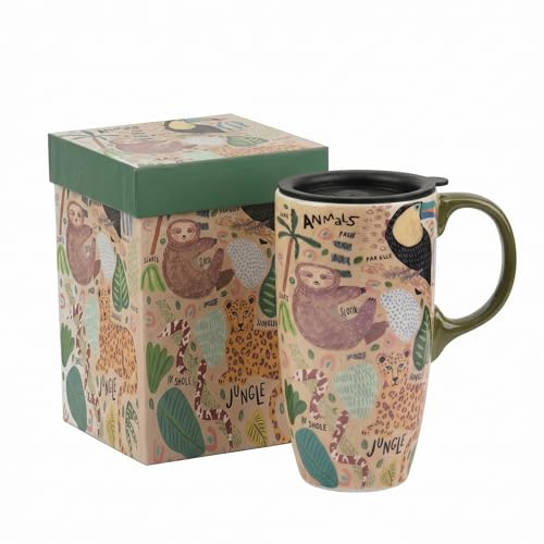 DUSVALLY Ceramic Mug Tall Coffee Cup with Lid, Handle and Gift Box Latte Mug,17oz.Animals