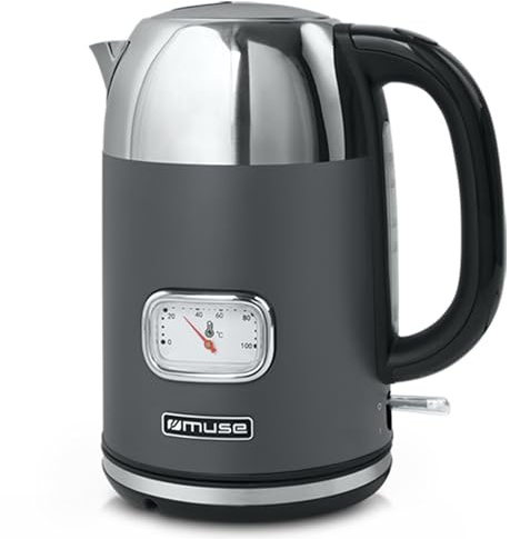 MUSE Edelstahl Retro Wasserkocher mit analoger Temperaturanzeige, mit Filter, transparenter Skala, 1,7L Fassungsvermögen, Automatische Abschaltung, grau-edelstahl (MS-020 DG)