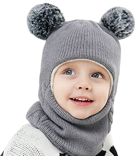 Balakaka 3 in 1 Cappello Passamontagna Bambino Inverno con Pompom, Cappello Bambino Sciarpa Inverno Berretto Scaldacollo Set Morbido a Maglia Sciarpa per Bambini 2-7 Anni Unisex, Grigio