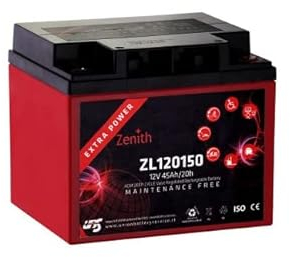 BATTERIA SERVIZI AGM ZENITH ZL120150 TRANSPALLET VEICOLI ELETTRICI LAVAPAVIMENTI SPAZZATRICI GOLF CARS BARCHE SCOOTER ENERGIE RINNOVABILI NAUTICA CAMPER TORRI FARO 12 V 45 AH 14.5 KG