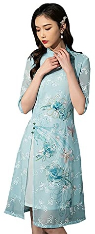 SUETOR Robe Qipao en mousseline de soie brodée élégante Ao Dai Cheongsam pour femme