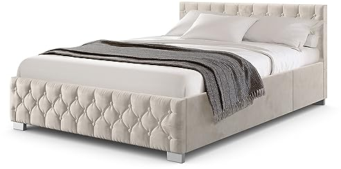 Juskys Polsterbett Nizza 180x200 cm Samt mit Stauraum, LED Beleuchtung & Lattenrost - Chesterfield Steppung & Kopfteil - Bett Bettgestell - Beige