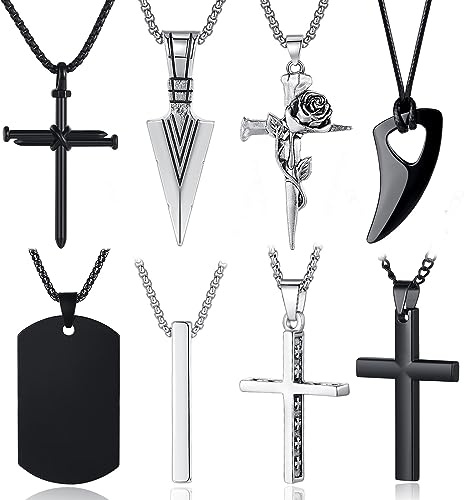 XIANNVXI 8 Pcs Mens Necklaces Set,Necklace for Men,Mens Jewellery,Black and Silver Stainless Steel Necklace Viking Gifts for Fathers Day Viking Jewellery Men Accessories
