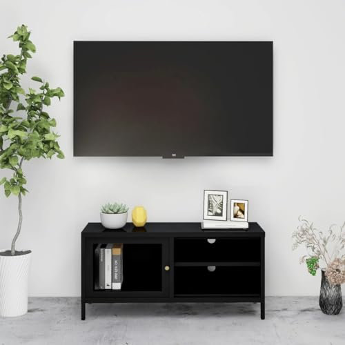 Entertainment Center Stand Unit Home Entertainment Center im Wohnzimmer Schlafzimmer TV-Schrank Schwarz 90x30x44 cm Stahl und Glas Geeignet für Wohnzimmer Schlafzimmer