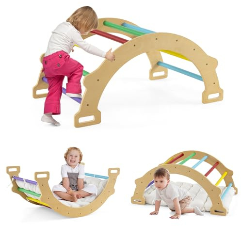 GOPLUS 2 en 1 Arco de Escalada Infantil de Madera, Basculante Con Cojín Suave, Montessori de Juego de Equilibrio de Entrenamiento, Carga 50 kg, Para 1 Año+ (Colorido)