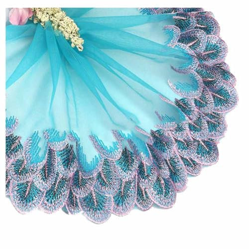 SHTGOI Bestickte Spitzenborte 10Yards Bunte Pfauenfedern Stickerei Tüll 18 cm Breite Spitzenband zum nähen Dekorative Spitzenbesatz Nähspitze für Hochzeitskleid Puppenkleidung Zubehör Himmelblau