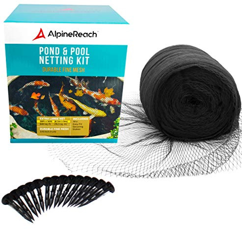AlpineReach 12m x 12m Filet pour Bassin à Koï Noir, Couverture en Filet à Mailles Fines - Protège Les Poissons Koï des Oiseaux, des Chats, des Prédateurs, UV - Réutilisable, Piquets Inclus